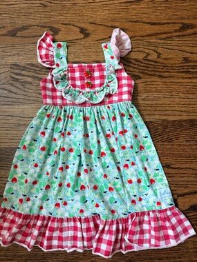 Girls Red Gingham & Mint Strawberry Print Sundress